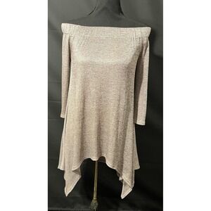 Red BKE Dress Shirt Womens Medium Beige Off Shoulder Ribbed Hanky Hem BRD17614F